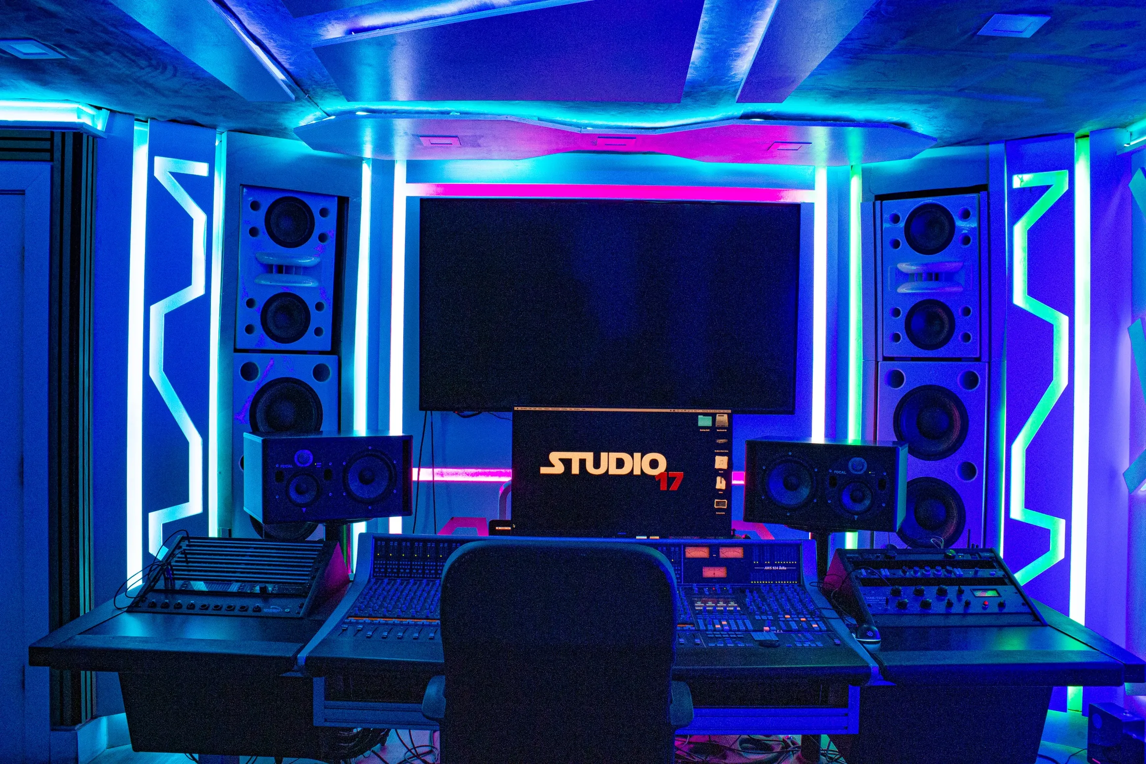 Studio 17 Main Control Room with Professional Mixing Console and LED Lighting